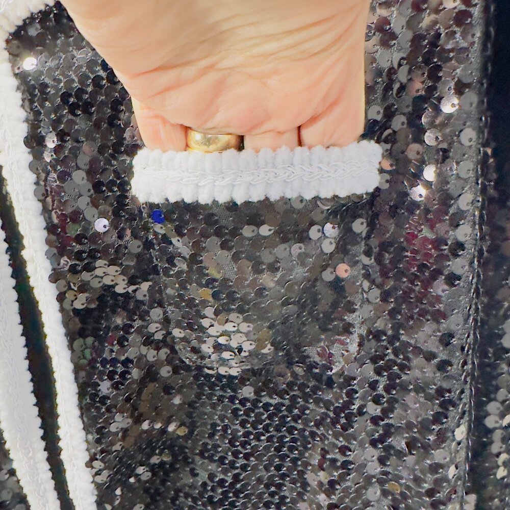 NWT Iman Black Sequin Jacket w White Trim Size L 4 Pockets - Picture 7 of 16